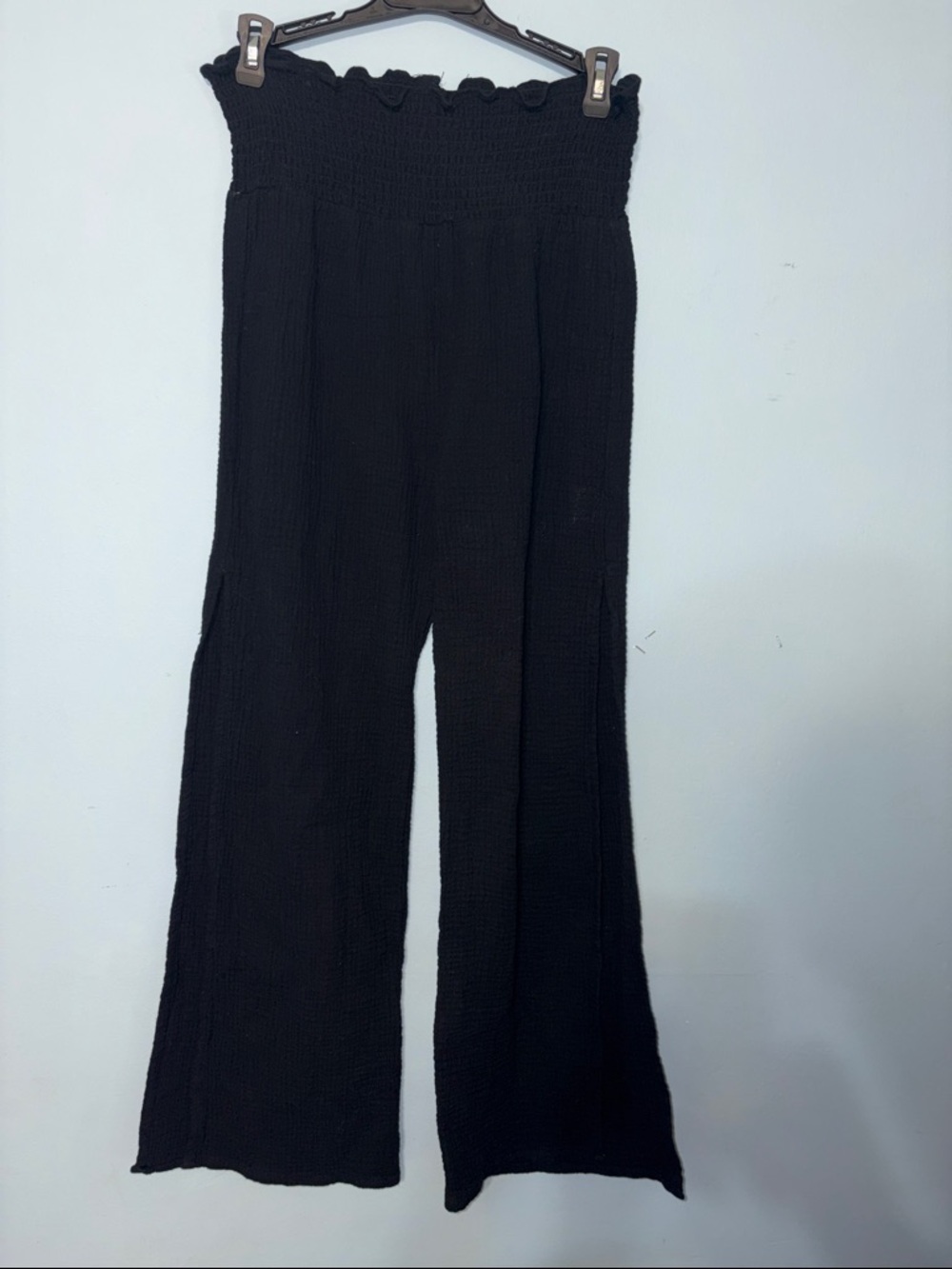 Black Smocked Cotton Wide Leg Pants beachy dark boho coastal summer minimal S M